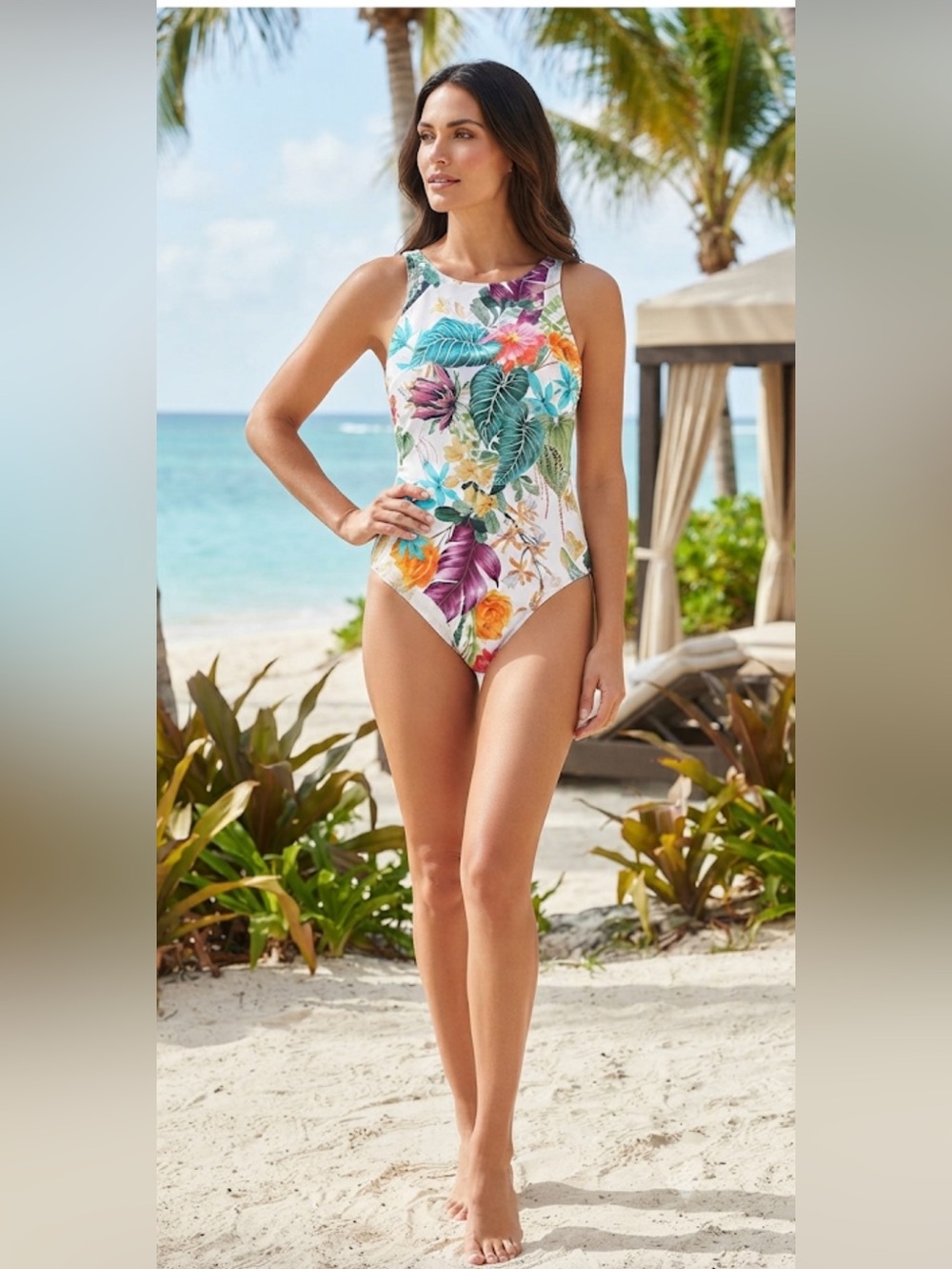 New Jantzen woman One-Piece Swimsuit in White with Tropical Floral Print size 12 - Picture 3 of 15